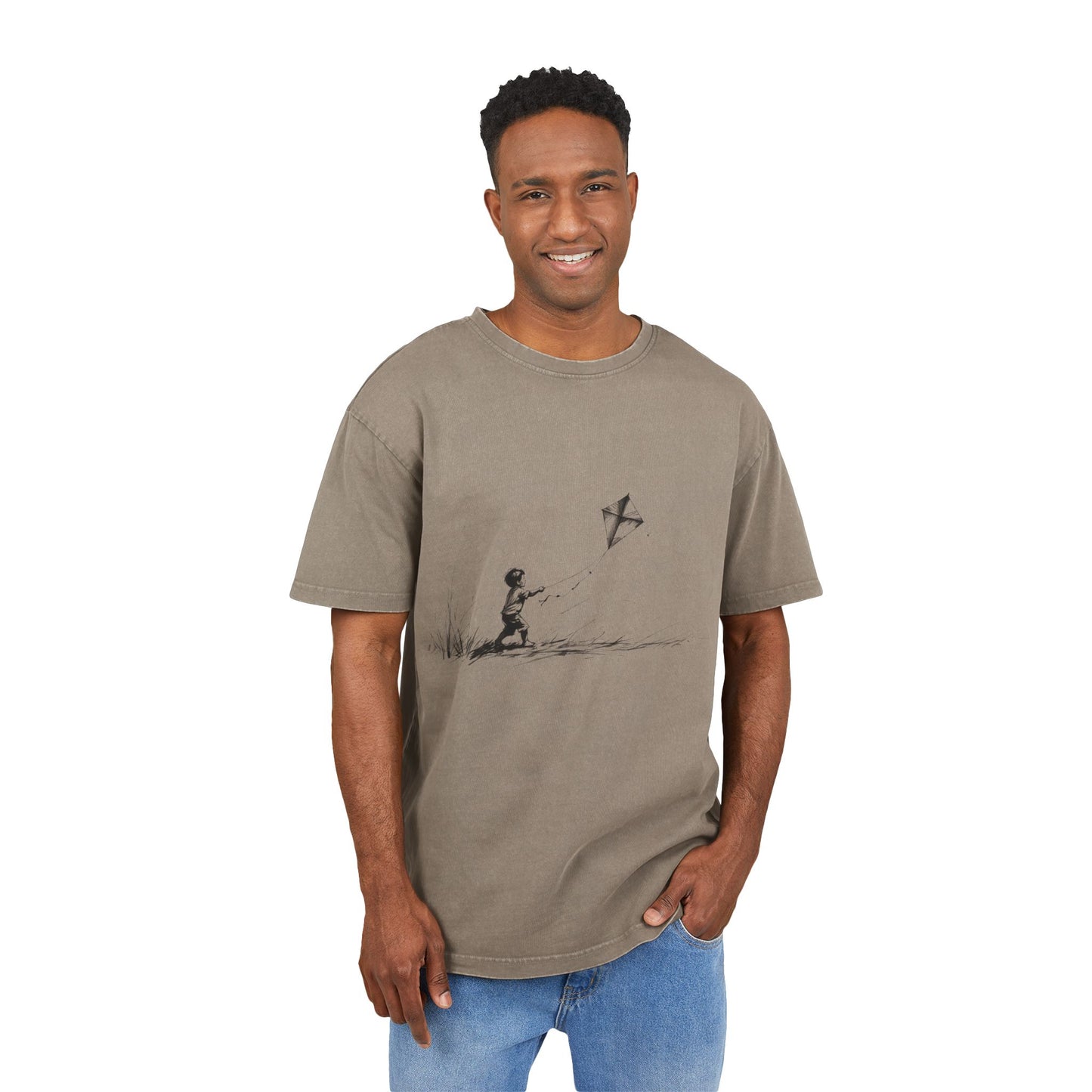 Kid playing with Kite Oversized Acid Washed T-Shirt