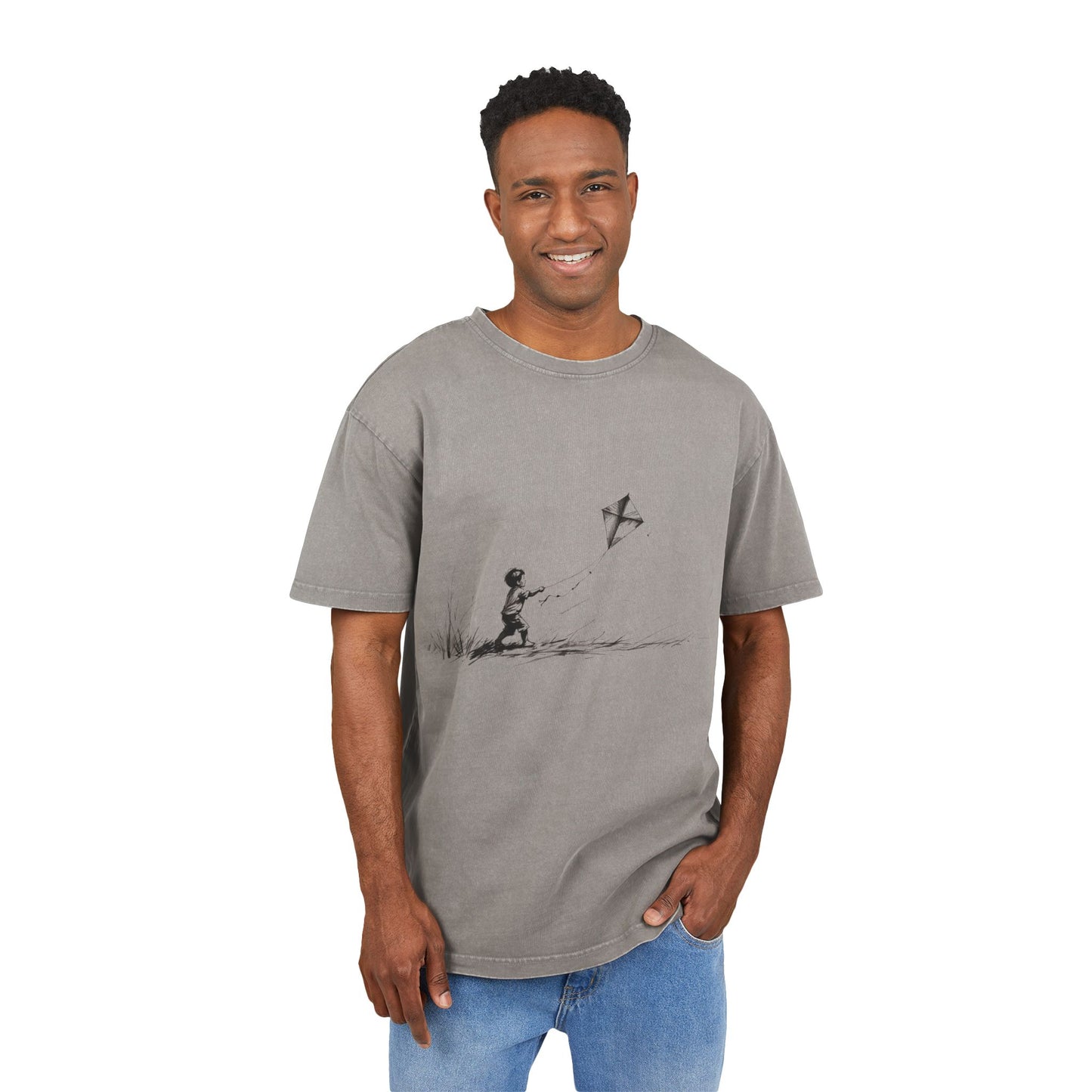 Kid playing with Kite Oversized Acid Washed T-Shirt