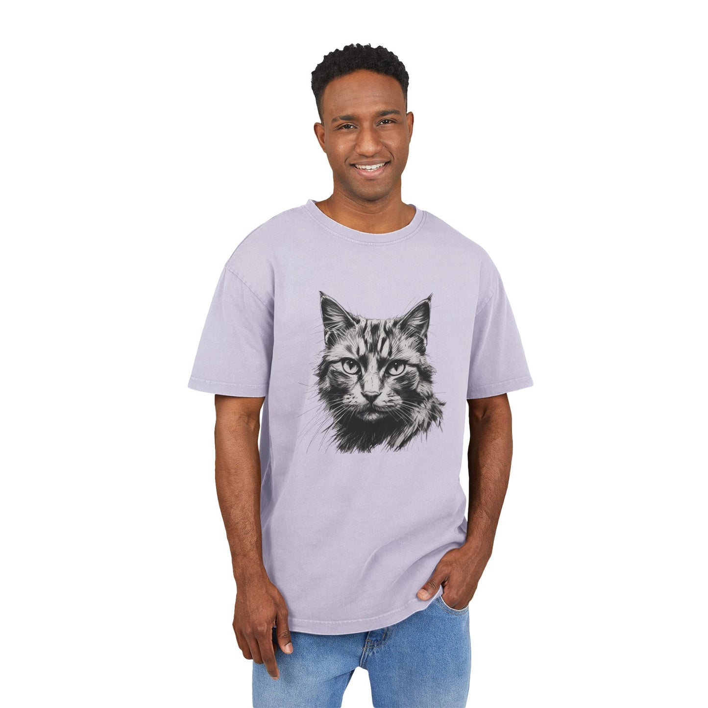 Cat's Face Oversized Acid Washed T-Shirt