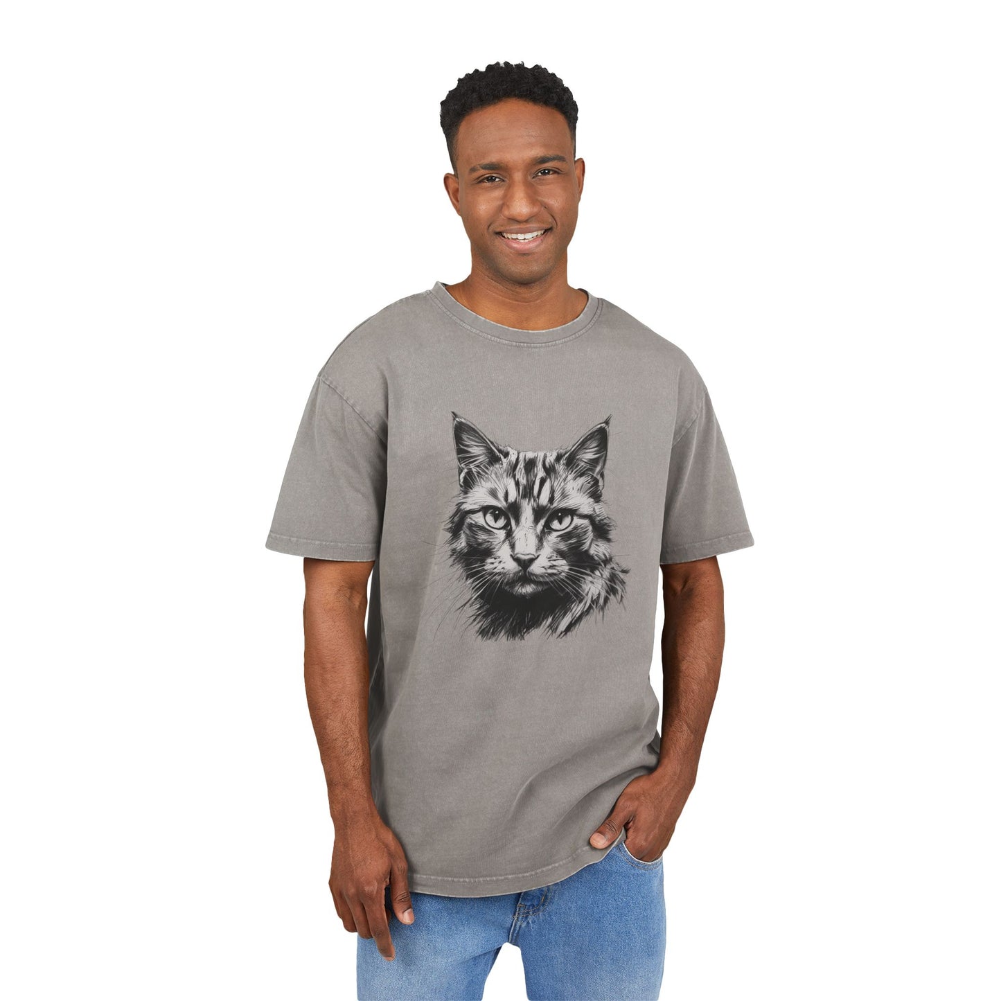 Cat's Face Oversized Acid Washed T-Shirt